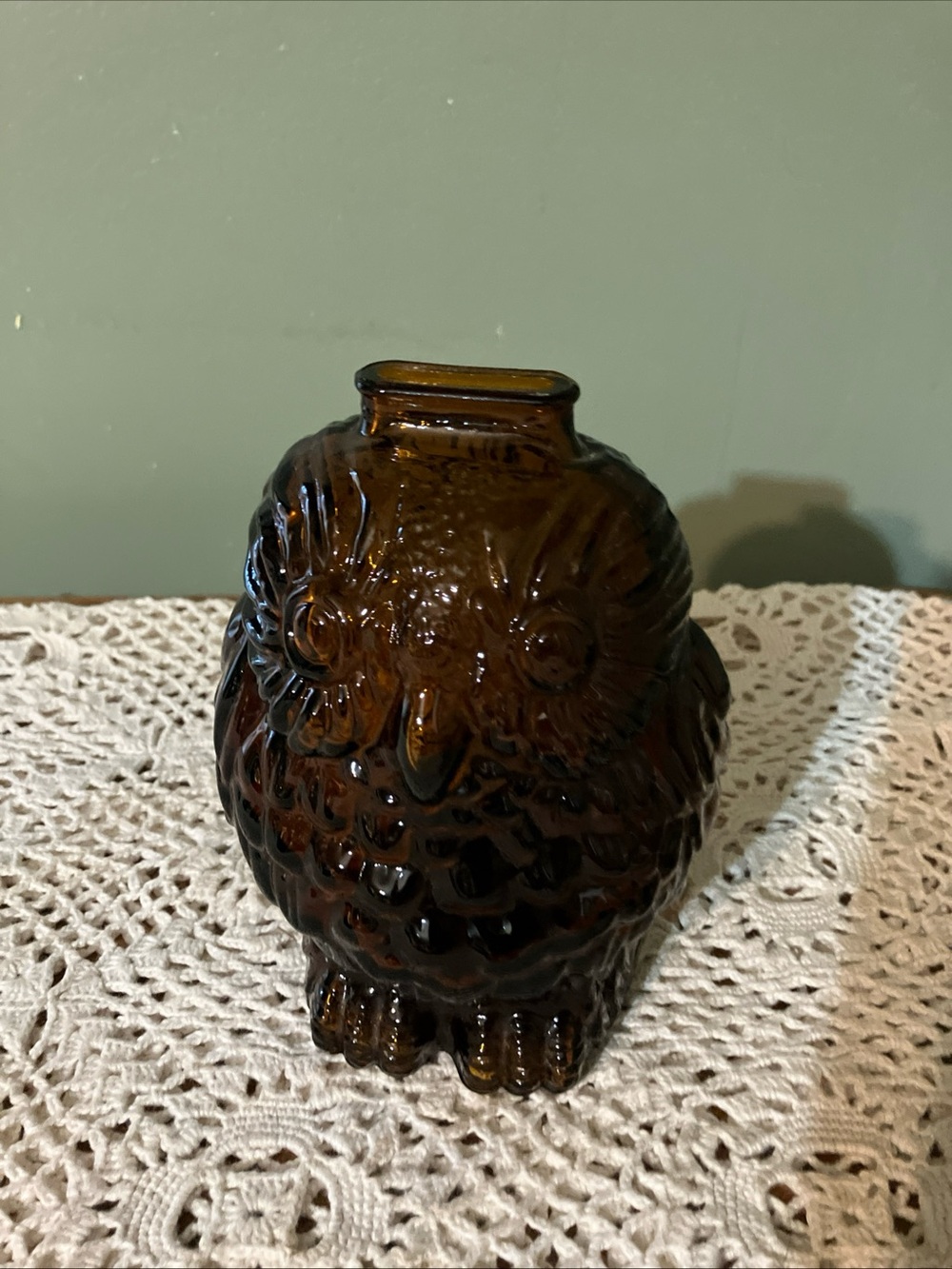 Wise Old Owl Vintage Glass Piggy Bank Dark Amber Brown 6.25” Tall
